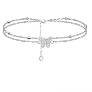 Silver double chain butterfly and diamond anklet wholesale jewelry
