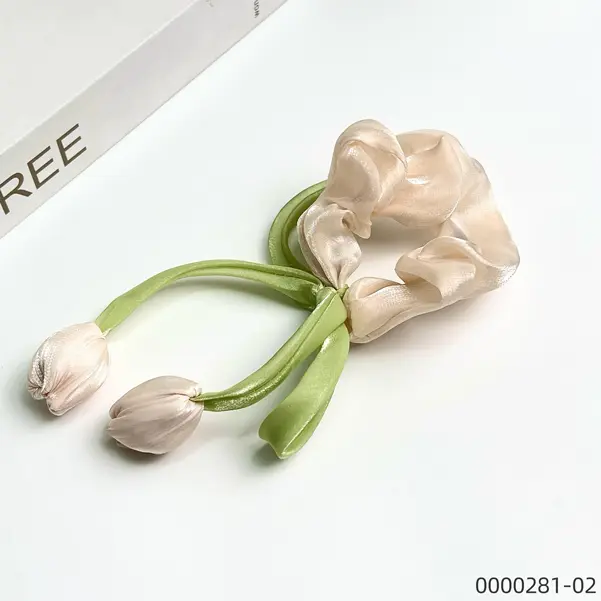 beige-tulip-scrunchie-purple-ponytail-bow-elastic-silk-ribbon-stylish-wholesale-hair-accessory--B Beige tulip scrunchie purple ponytail bow elastic silk ribbon stylish wholesale hair accessory / 0000281-02