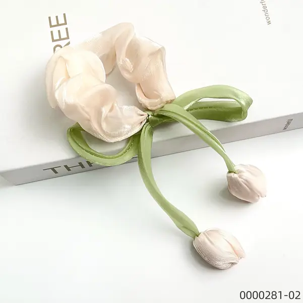 beige-tulip-scrunchie-purple-ponytail-bow-elastic-silk-ribbon-stylish-wholesale-hair-accessory--C Beige tulip scrunchie purple ponytail bow elastic silk ribbon stylish wholesale hair accessory / 0000281-02