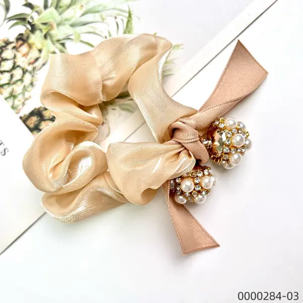 wholesale-apricot-stylish-pearl-rhinestone-hair-scrunchie--C Wholesale apricot stylish pearl rhinestone hair scrunchie / 0000284-03