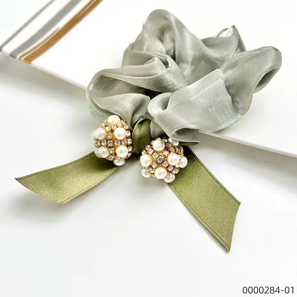 wholesale-green-stylish-pearlrhinestone-hair-scrunchie--B Wholesale green stylish pearlrhinestone hair scrunchie / 0000284-01